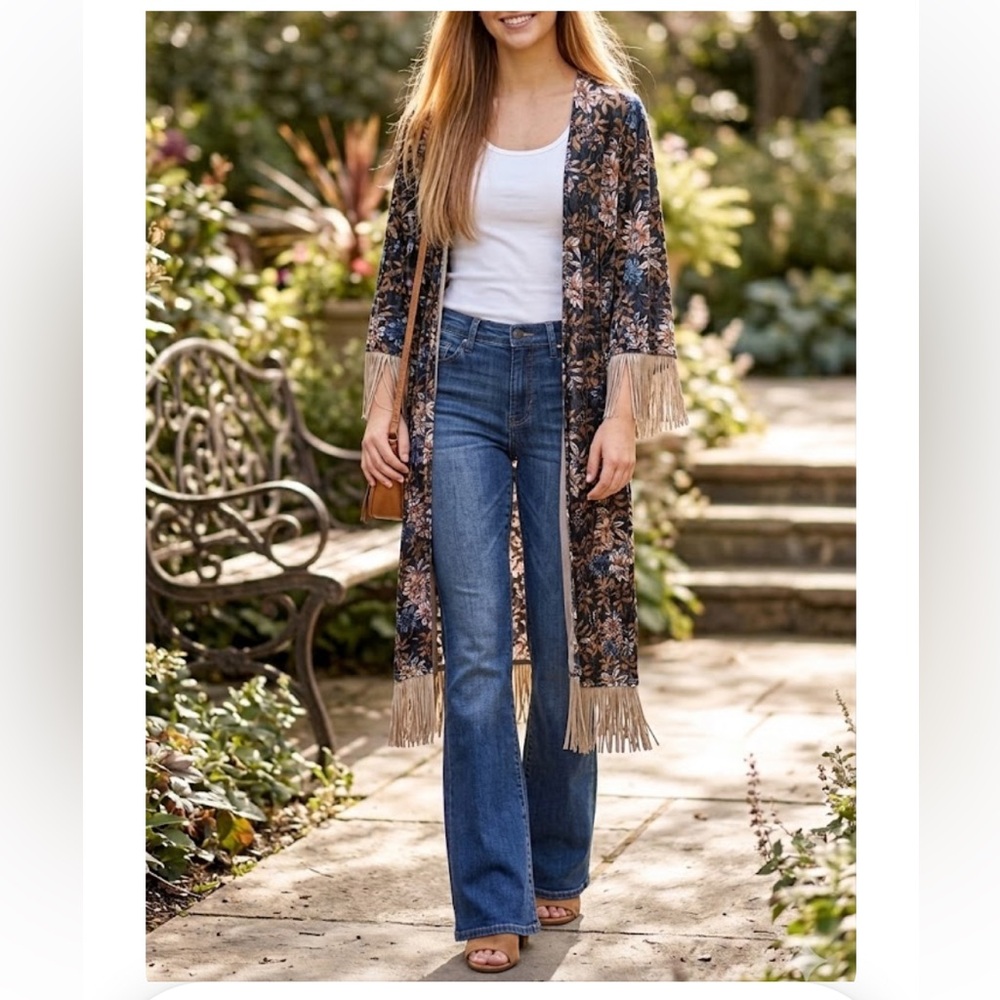Hayden boho floral velvety open front kimono longline S/M fringe, festival